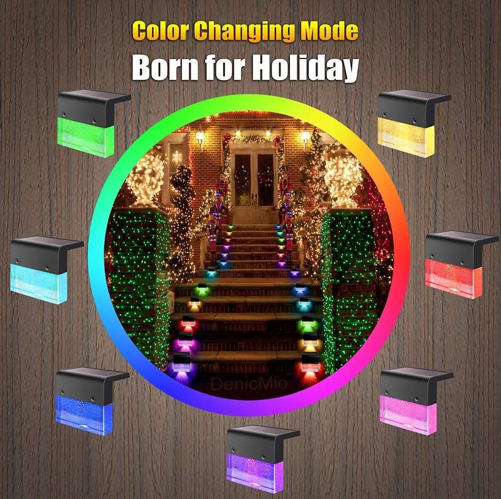 Color-changing outdoor lights with a festive scene.  RGB Solar Step Lights - Multiple Color Options | Smart Glow Connect