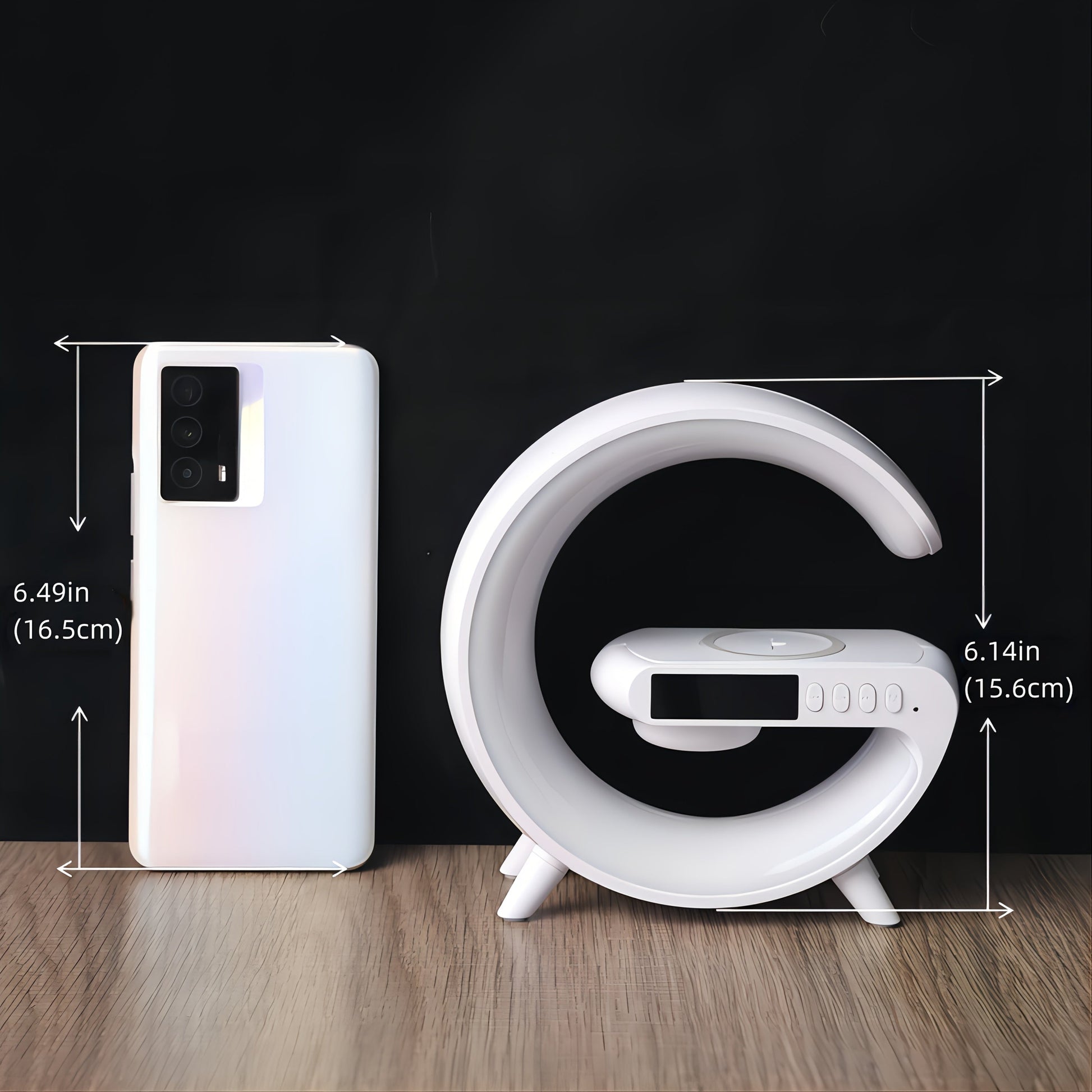 White electronic device with dimensions shown next to a smartphone on a dark background ,Multifunctional Smart Lamp - Charging and Lighting Solution | Smart Glow Connect