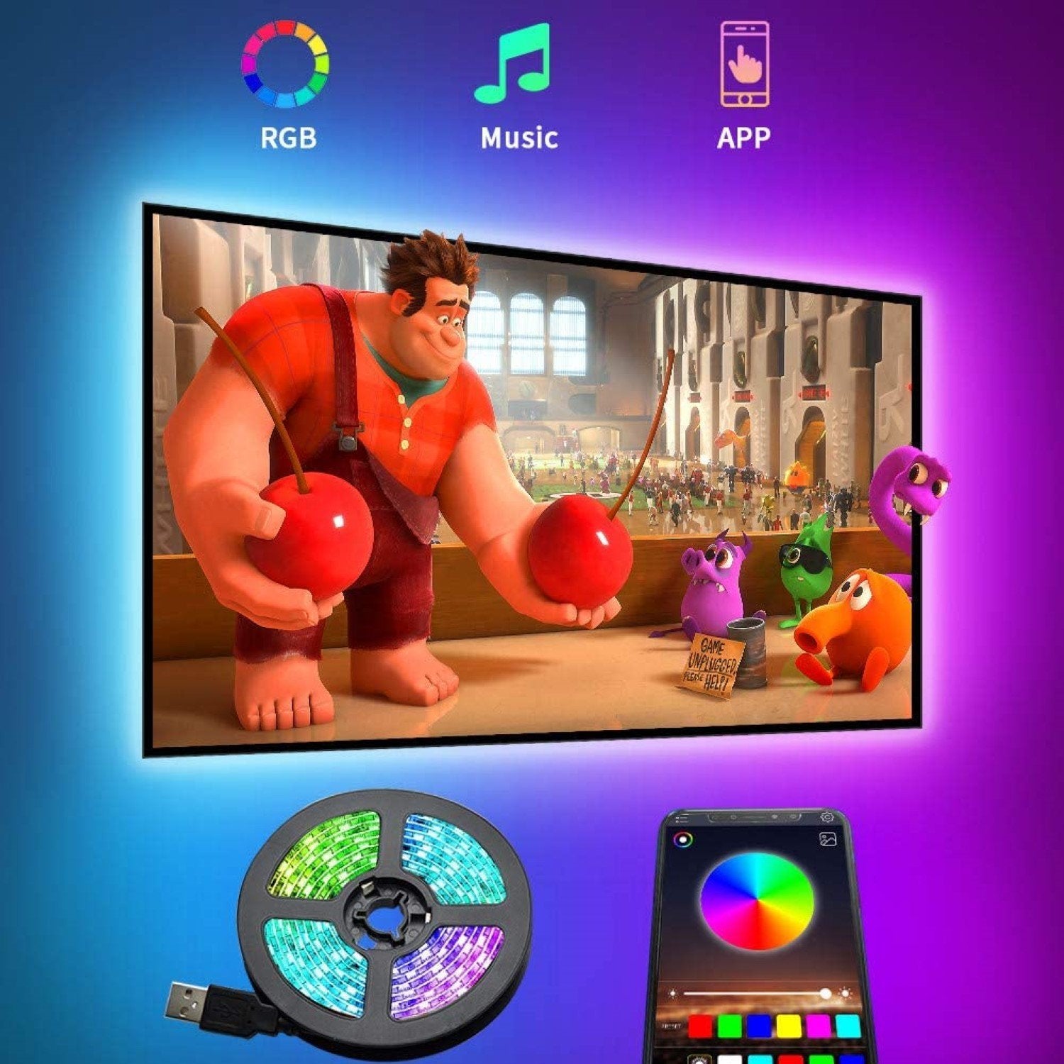 TV LED Backlight - USB Powered RGB Strip 24-60 inch | Smart Glow Connect