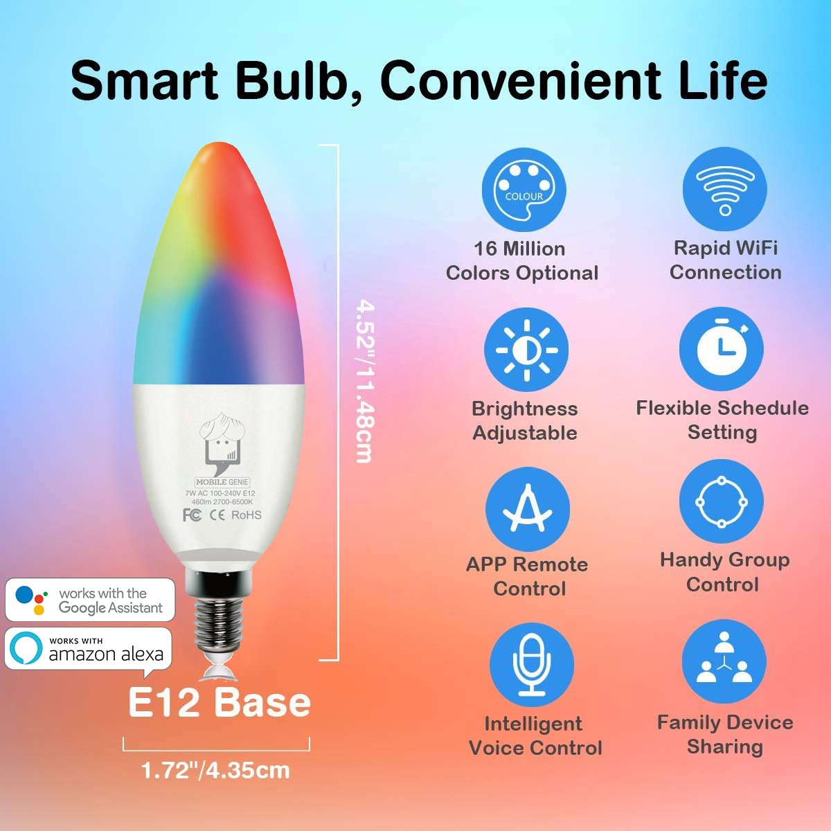 E12 Genie Smart Bulb - LED Candelabra Alexa Google Home | Smart Glow Connect