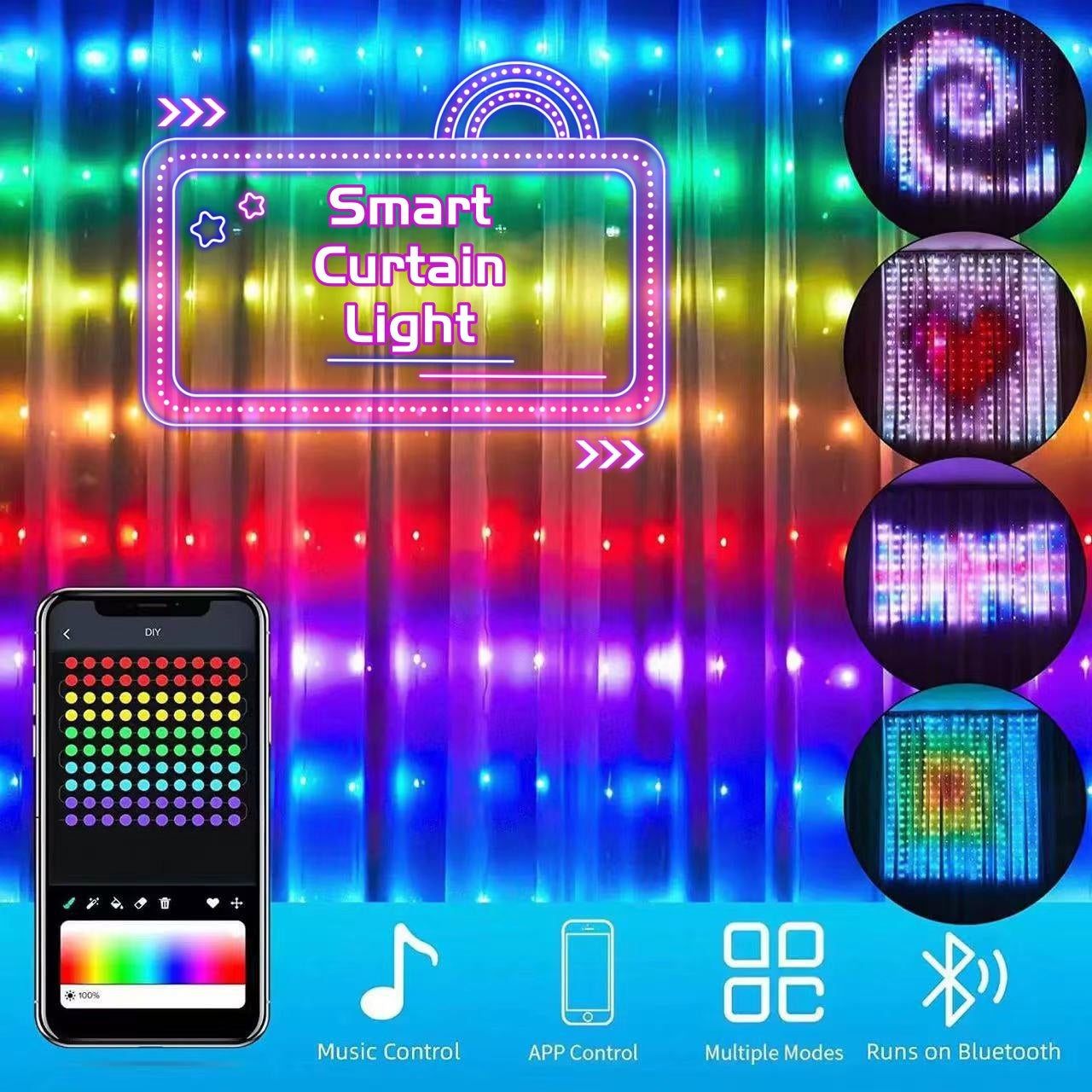 LED Curtain String Lights - Smart RGB Bluetooth Christmas | Smart Glow Connect