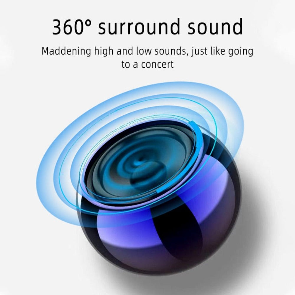 360-degree sound wave illustration with text on a light gray background. Portable Mini Speaker - 33ft Range Bluetooth Audio | Smart Glow Connect
