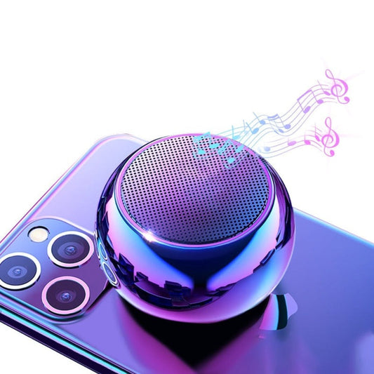 Small round metallic speaker on a smartphone with musical notes. Dragon Mini Portable Bluetooth Speaker - 9D Bass Sound | Smart Glow Connect graphics