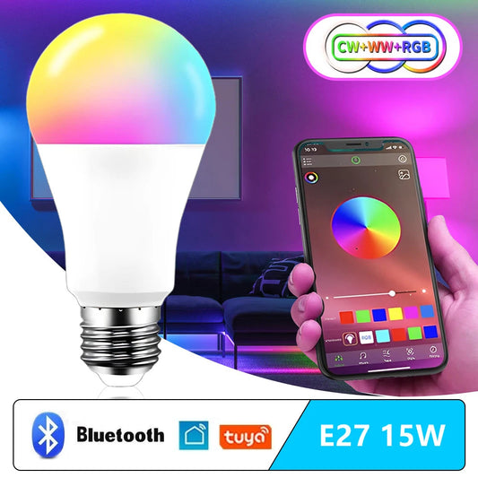 Smart LED bulb with smartphone control and color options. 15W E27 Tuya Smart LED Bulb - Dimmable RGB Color | Smart Glow Connect
