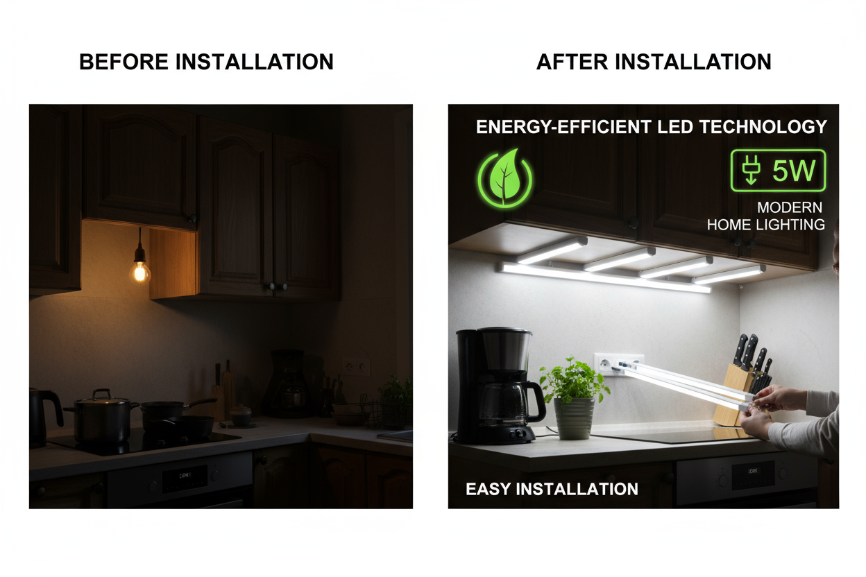 Before After LED Cabinet Light.5W LED Cabinet Light - Before After Comparison Bright Illumination | Smart Glow Connect