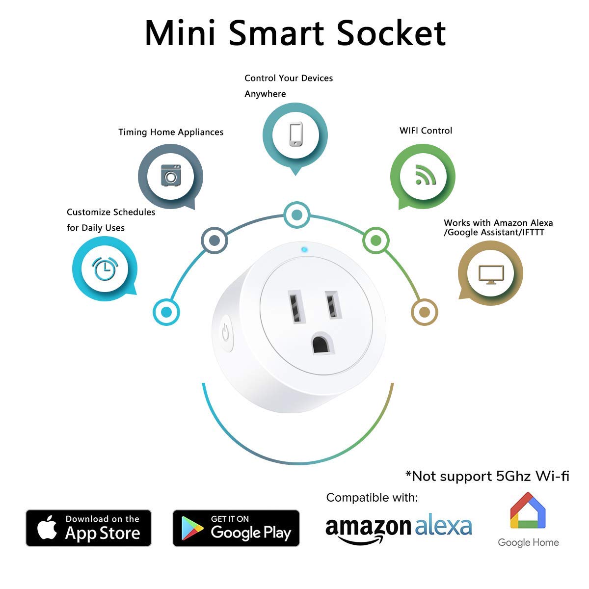 Smart Plug Amysen 4-Pack - WiFi Alexa Compatible Outlets | Smart Glow Connect