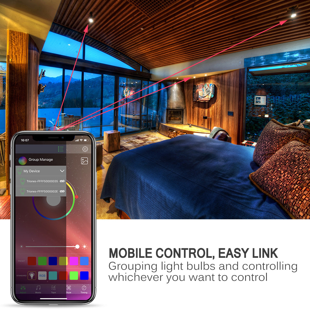 Smartphone displaying lighting control app.  Smart LED Light RGBW - Bluetooth App Controlled Bulb | Smart Glow Connect