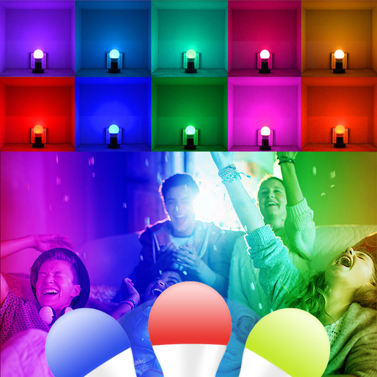 Colorful LED light bulbs in various colors.  Bluetooth Smart Bulb - RGBW Color Changing LED Light | Smart Glow Connect