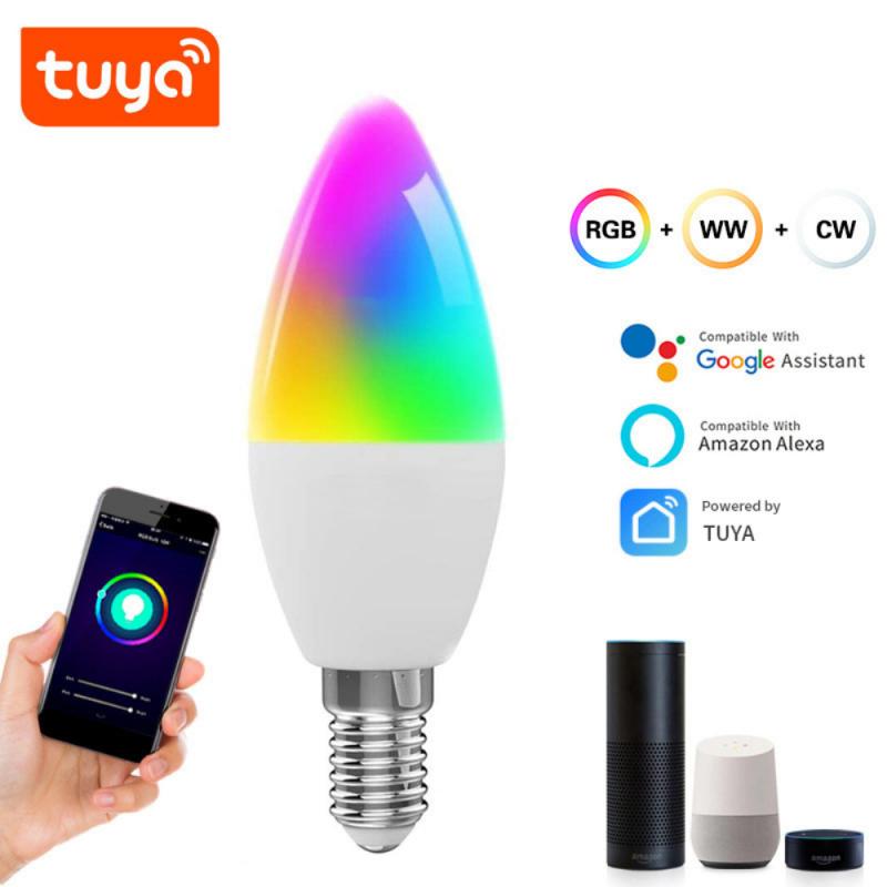 Smart LED bulb, RGB+WW+CW color options, compatibility with Google Assistant and Amazon Alexa, and a hand holding a smartphone. Tuya Smart Bulb E12 - WiFi Alexa Voice Control RGB | Smart Glow Connect