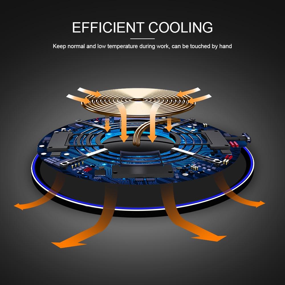Diagram of efficient cooling system with arrows indicating airflow on a dark background.Wireless Charging Pad 30W - Sleek Black Finish | Smart Glow Connect