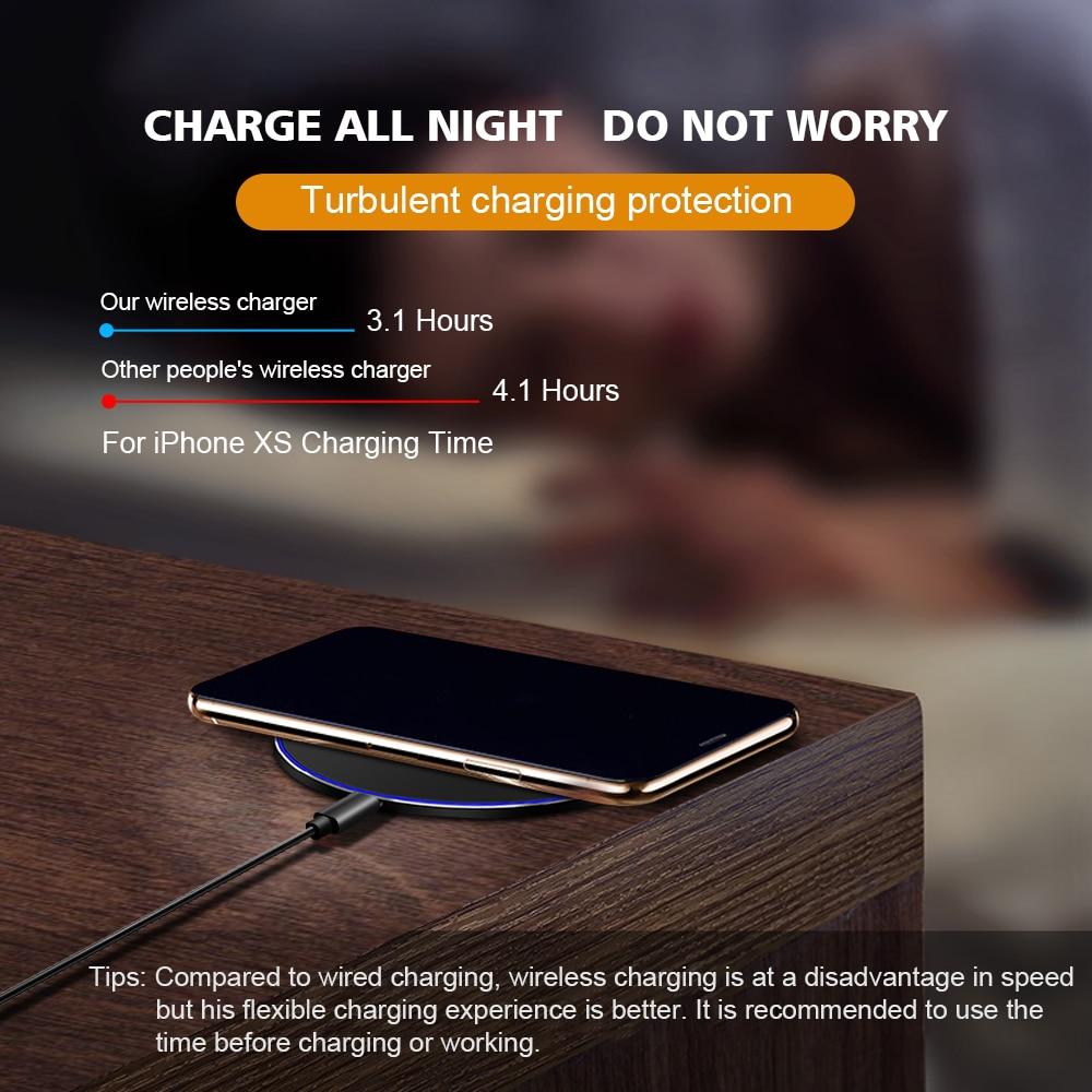 Wireless charger on a wooden surface with text about charging time and protection features. Dragon W9 Wireless Charger - USB-C Connection Port | Smart Glow Connect