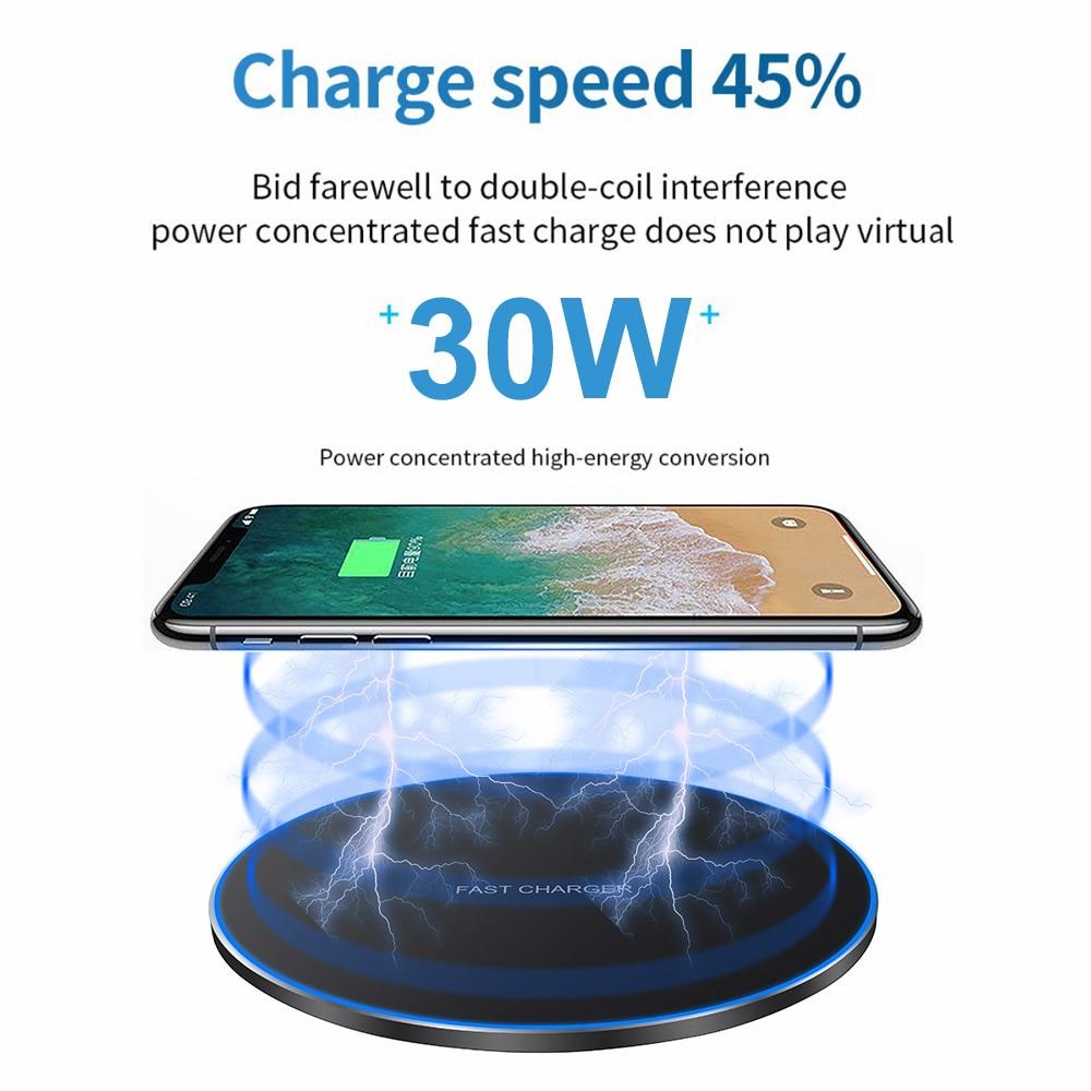 Wireless charging pad with smartphone on a white background, highlighting charge speed and power concentration. Dragon W9 Wireless Charging Pad - 6.5mm Slim Profile | Smart Glow Connect