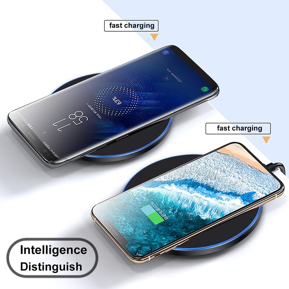 Two smartphones on wireless charging pads with text indicating fast charging and intelligence. Dragon W9 Charger in Use - Fast Charging Demonstration | Smart Glow Connect