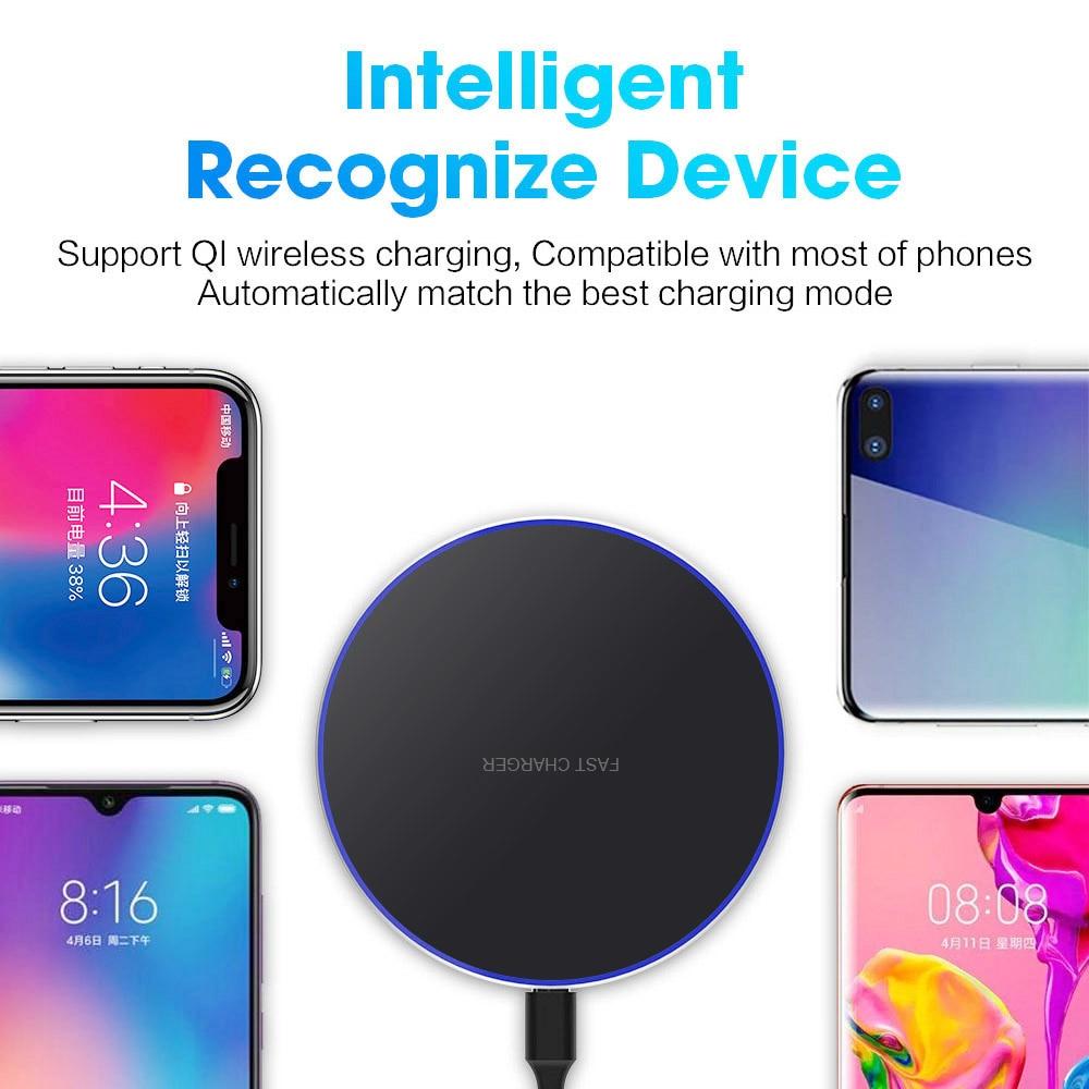 Wireless charging pad with smartphones displaying different times on a white background.  Ultra-Thin Wireless Charger - Portable 30W Charging Pad | Smart Glow Connect